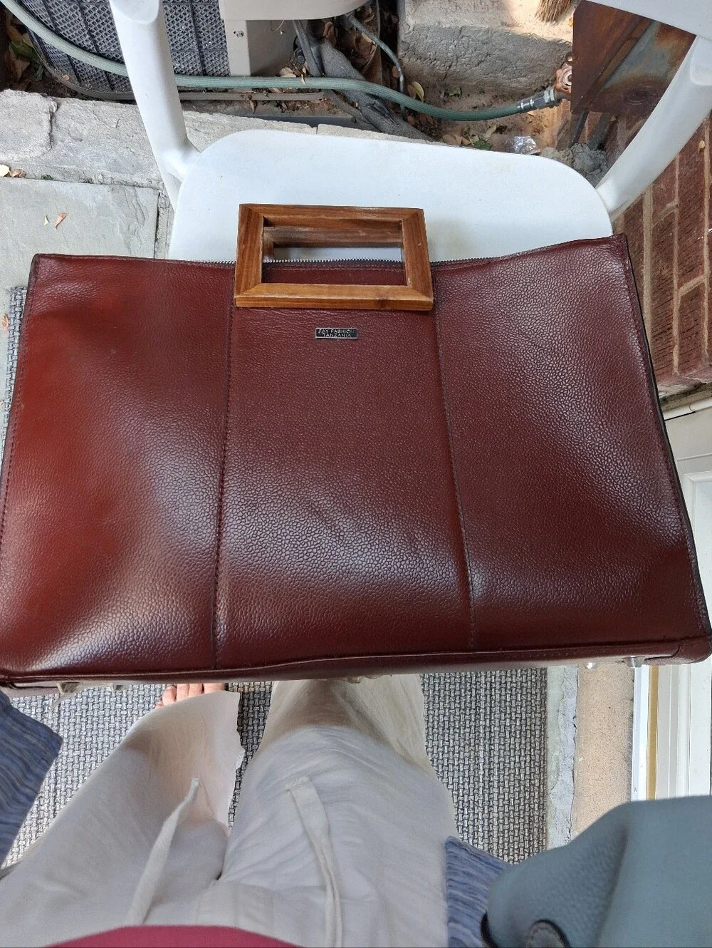 Chestnut Brown Leather Briefcase with Wooden Top Handle